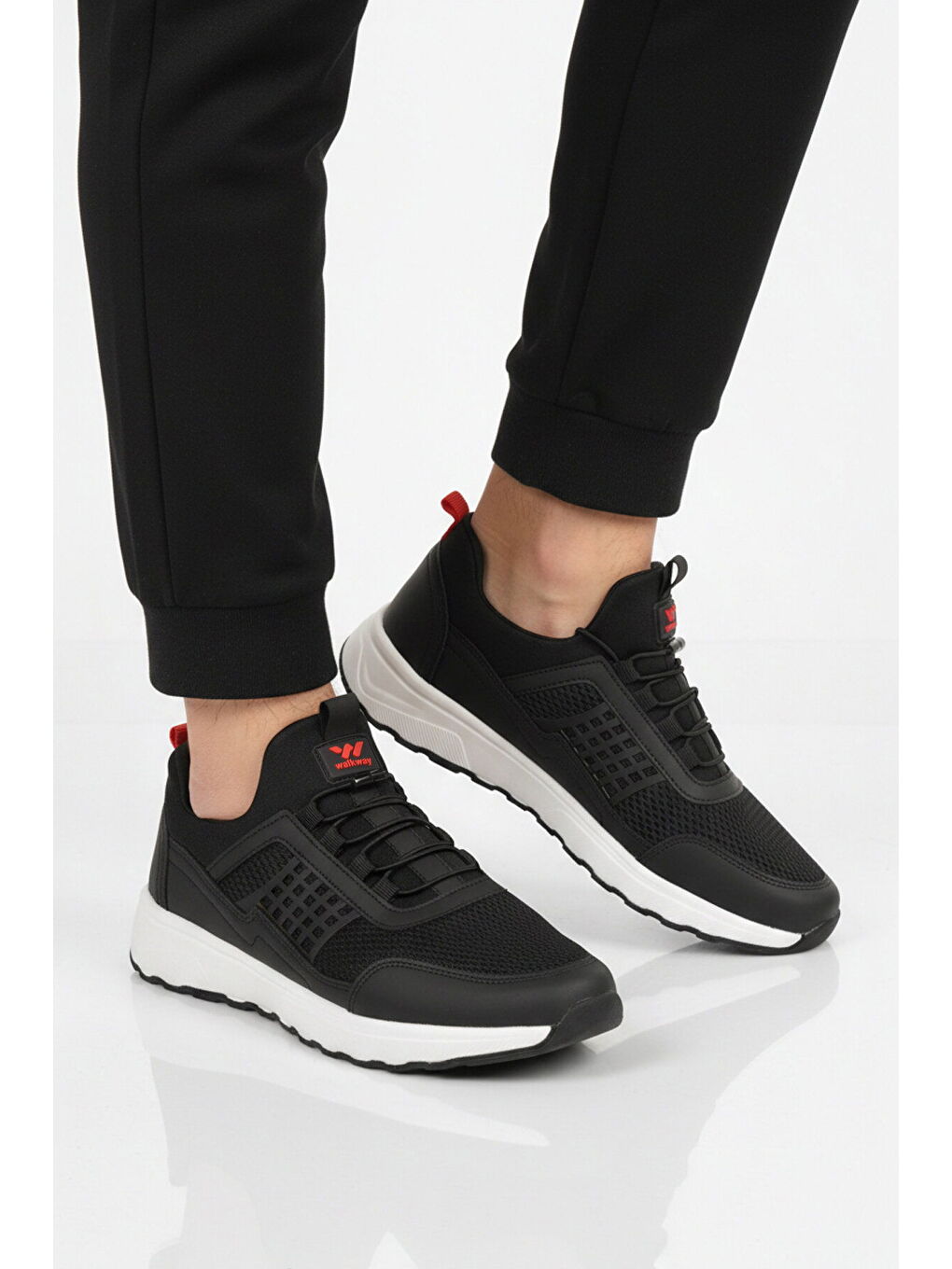 Siyah Beyaz Fileli Hafif Esnek Lastik Bağcıklı Erkek Spor Ayakkabı Motano M