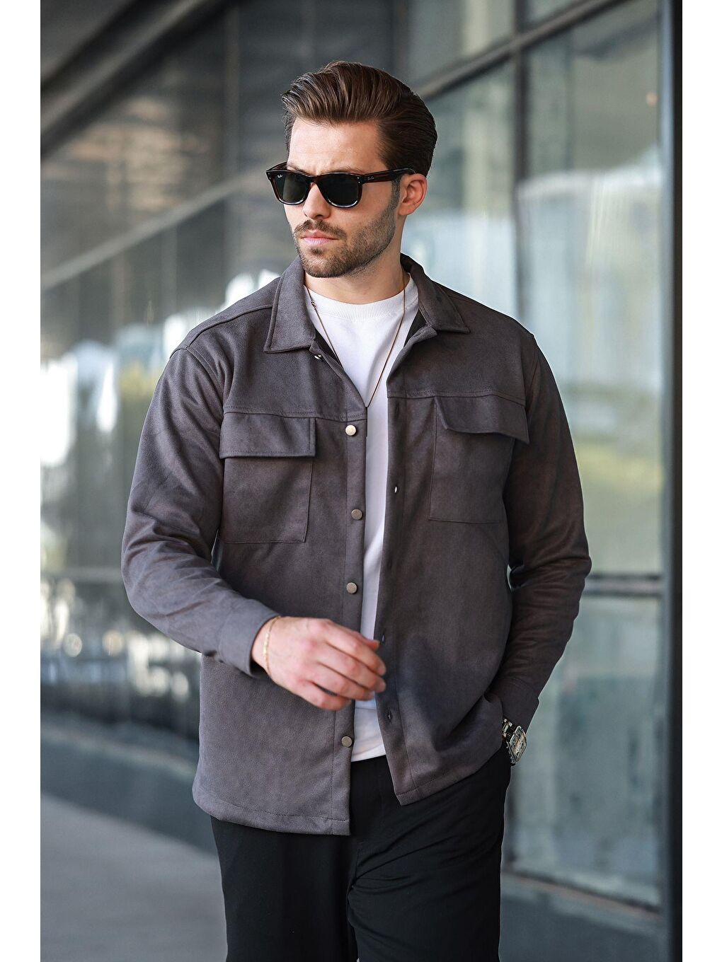 Gri Cep Detaylı Gömlek Yaka Erkek Ceket 6748