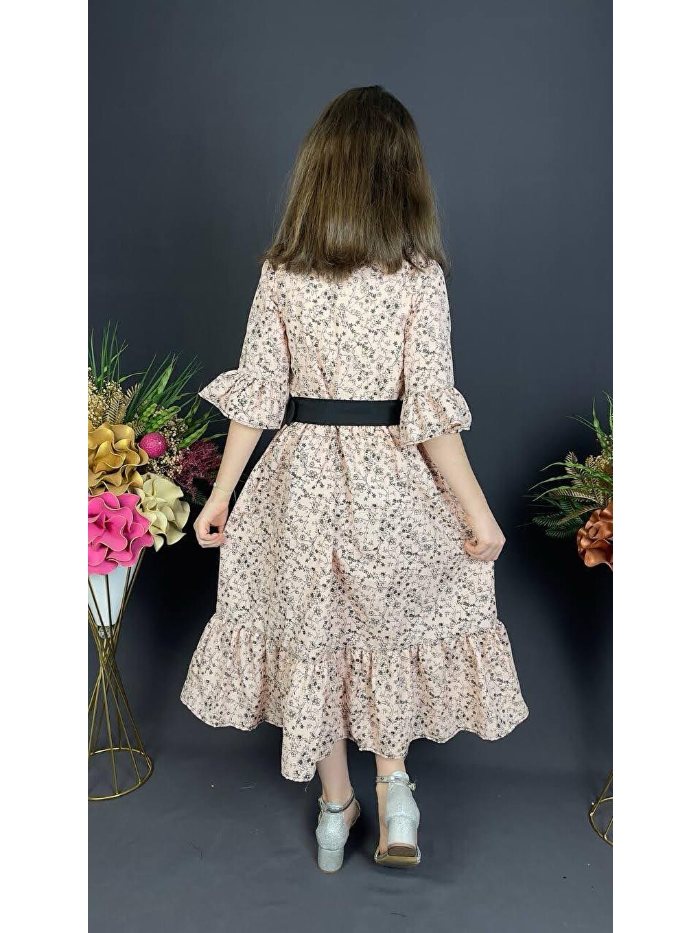 Pembe Vintage Basma Kız Çocuk Elbise MNK0299-5