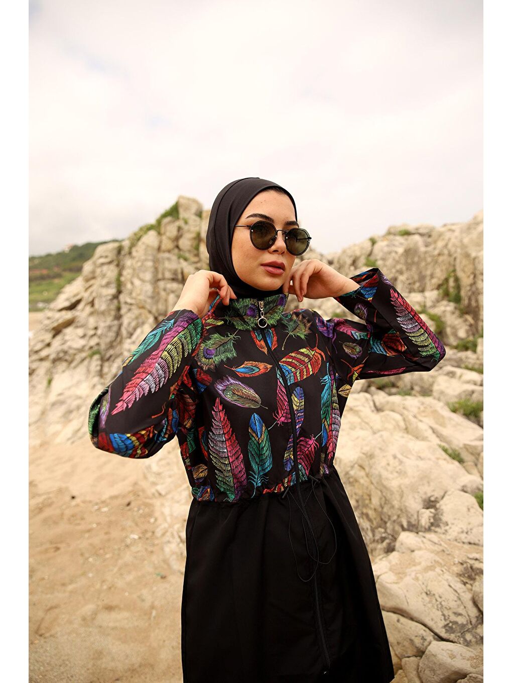 Siyah Paraşüt Tam Kapalı Tesettür Mayo Tüy Yaprak 2113 FUNDA-1