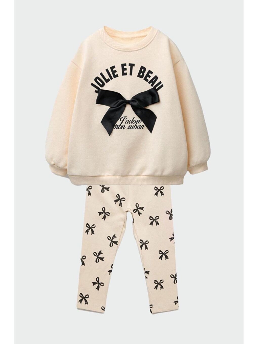 Ekru Kız Çocuk 3 İplik Pamuklu Kumaş Fiyonk Detaylı Alt Üst Takım