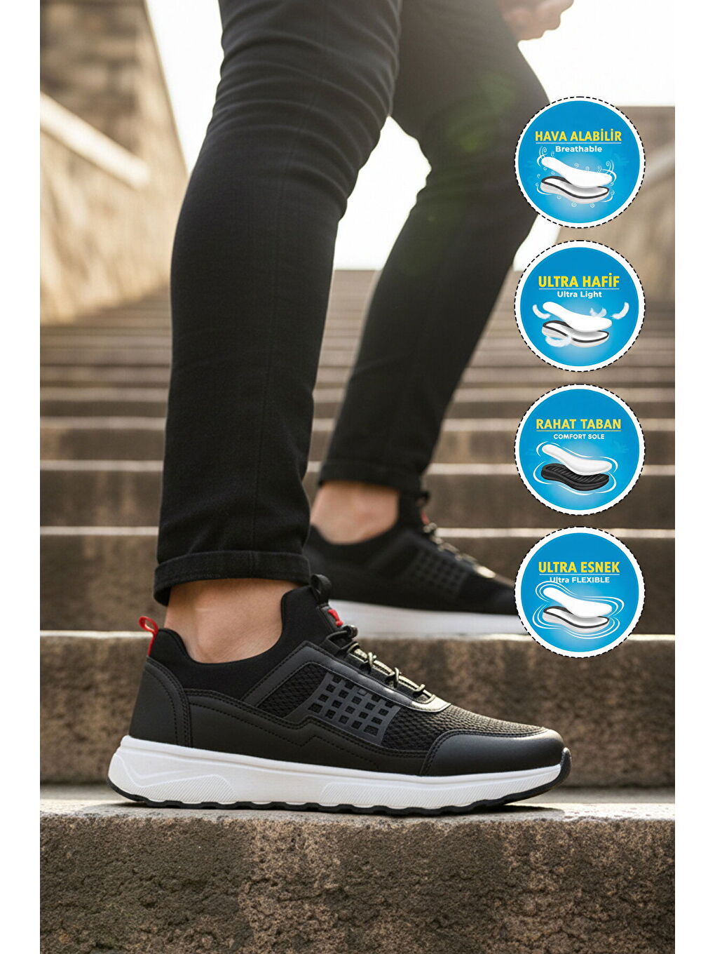 Siyah Beyaz Fileli Hafif Esnek Lastik Bağcıklı Erkek Spor Ayakkabı Motano M-2