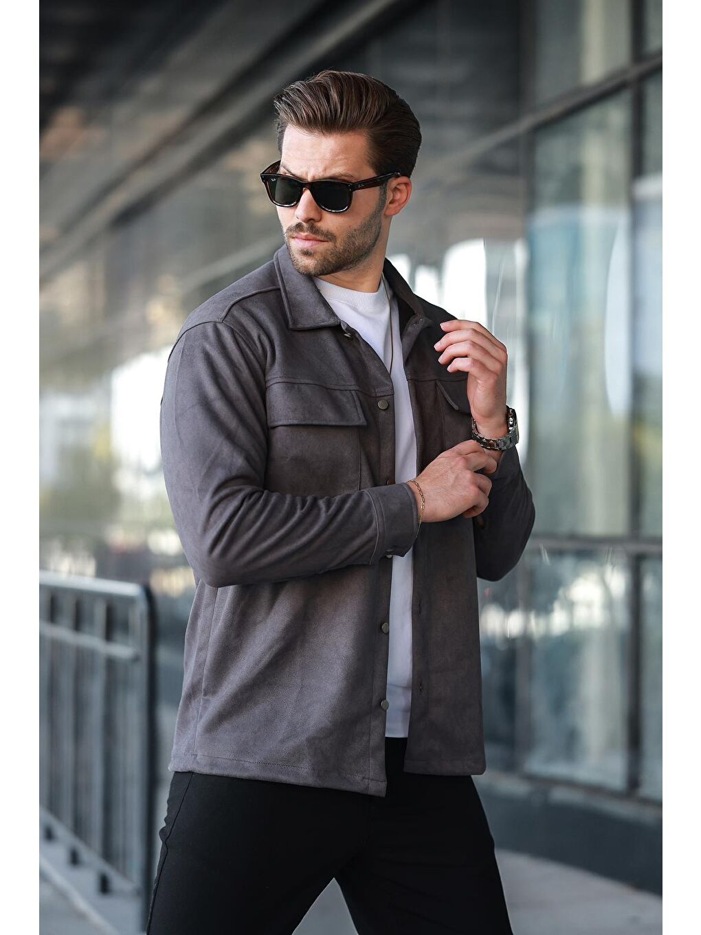 Gri Cep Detaylı Gömlek Yaka Erkek Ceket 6748-1