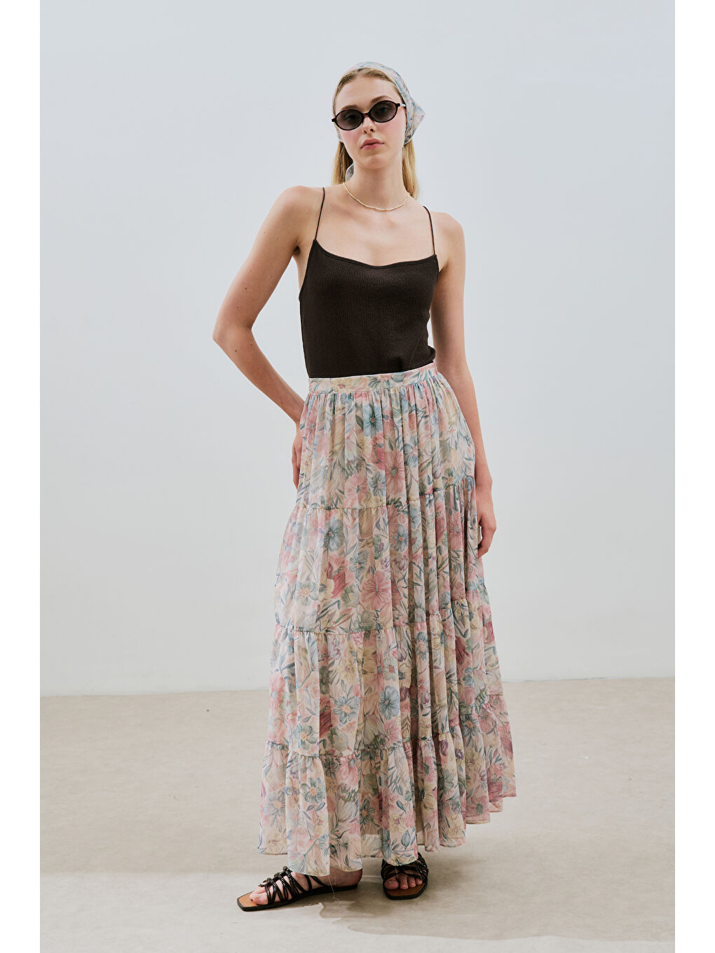 Pembe Uzun Büzgülü Şifon Etek Pastel Floral