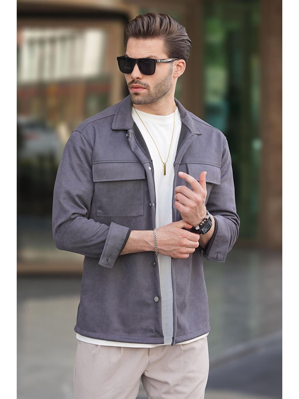 Gri Cep Detaylı Gömlek Yaka Erkek Ceket 6748-2