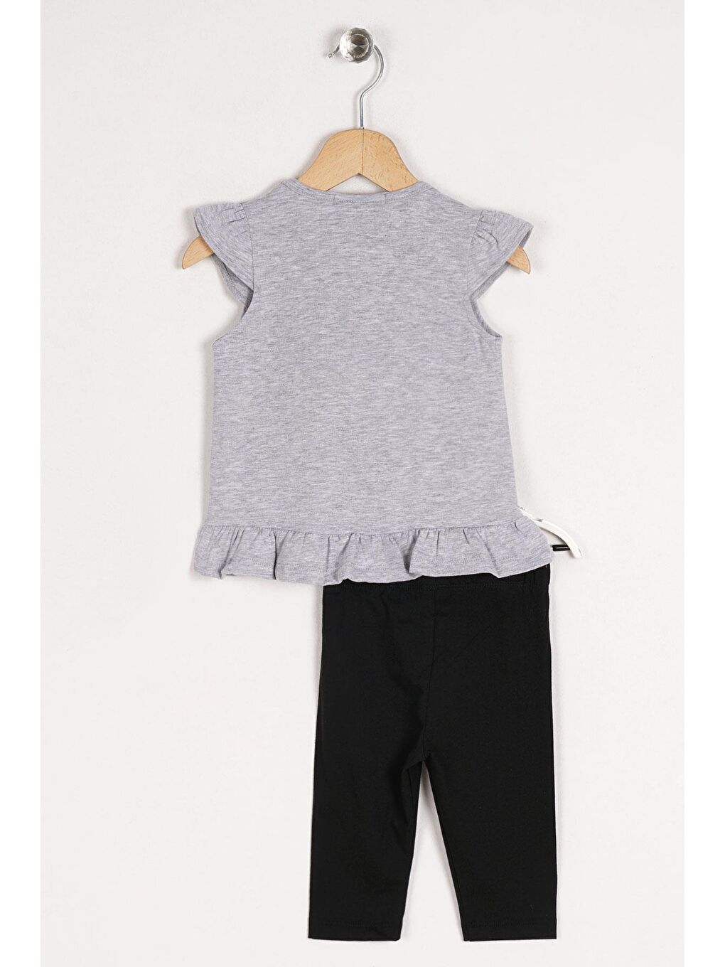 Gri Bisiklet Yaka Karpuz Baskılı Eteği Fırfırlı Kız Çocuk Taytlı Takım-1