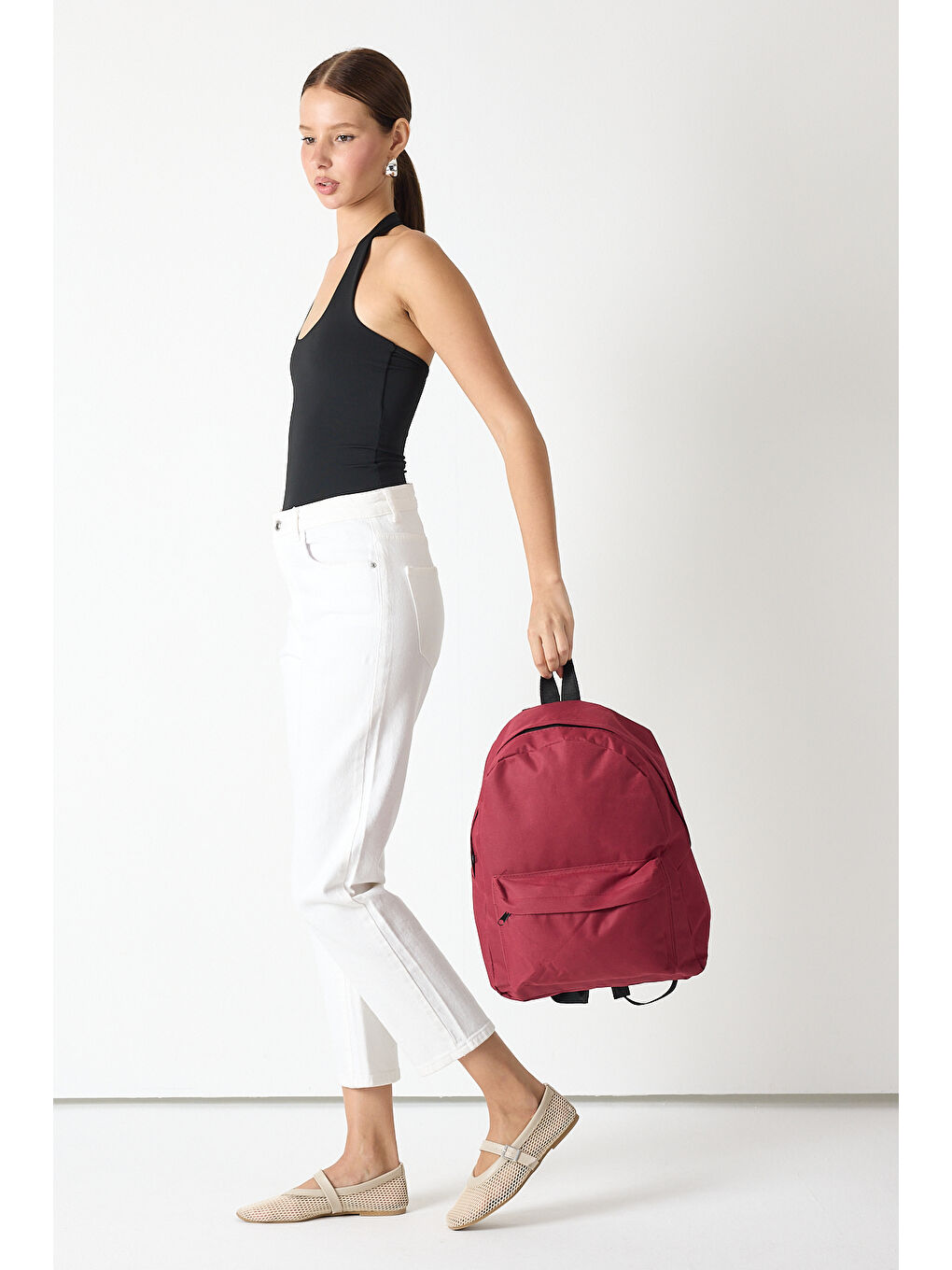 Unisex Bordo Önü Fermuarlı İki Bölmeli Sırt Çantası-1