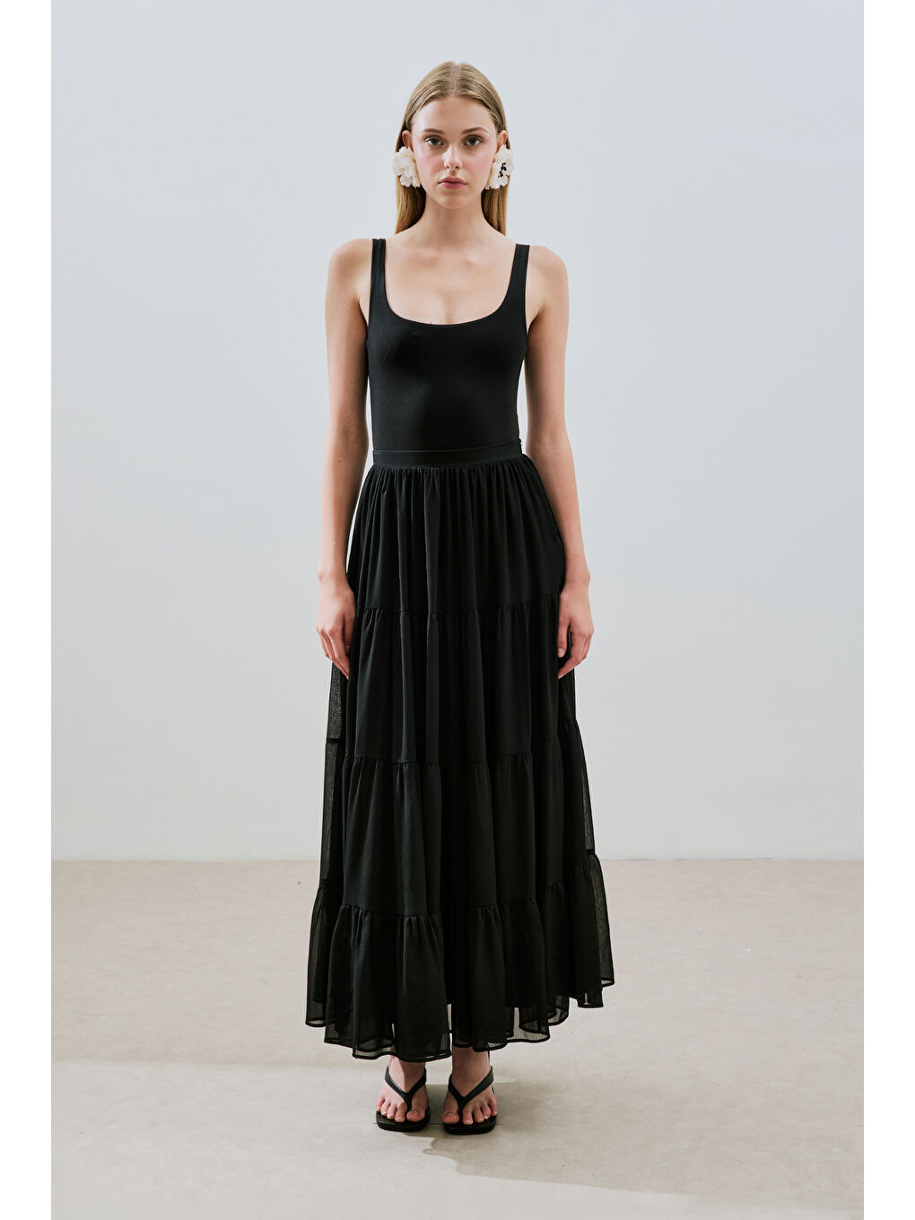 Uzun Büzgülü Şifon Etek Siyah-1