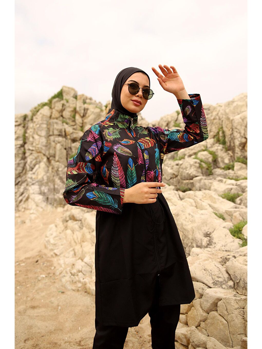 Siyah Paraşüt Tam Kapalı Tesettür Mayo Tüy Yaprak 2113 FUNDA-2