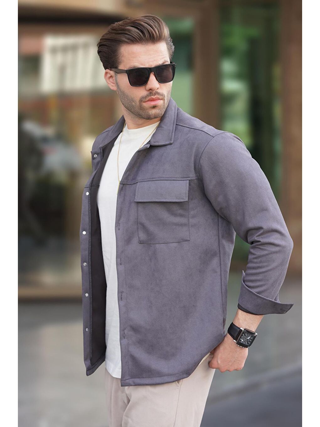 Gri Cep Detaylı Gömlek Yaka Erkek Ceket 6748-4