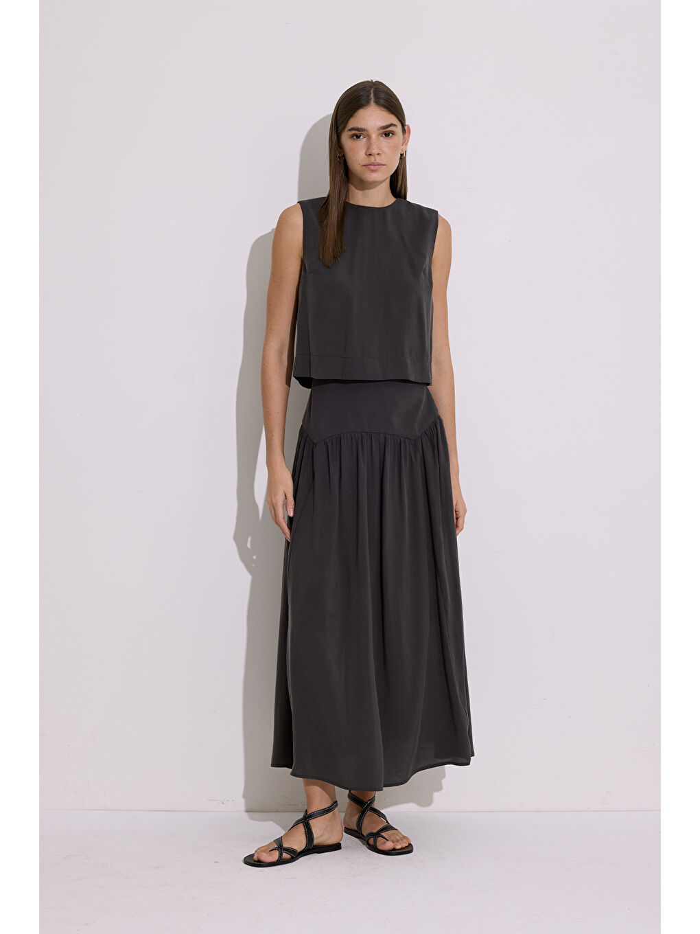 Modal Büzgülü Uzun Etek Antrasit