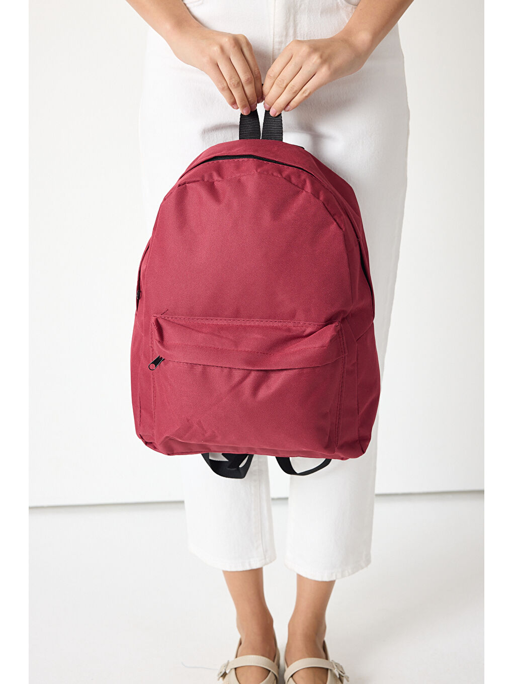 Unisex Bordo Önü Fermuarlı İki Bölmeli Sırt Çantası-2