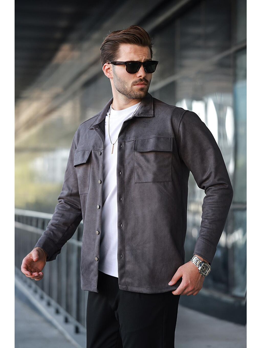 Gri Cep Detaylı Gömlek Yaka Erkek Ceket 6748-5