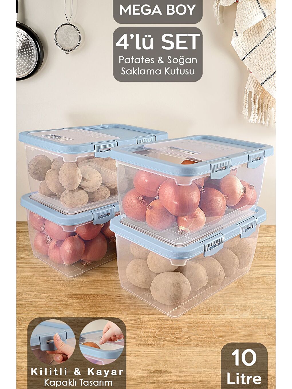 4 Adet Patates Soğan Kutusu Kayar Kapaklı Sebzelik Patates Soğanlık Saklama Kabı Mavi 10 Lt