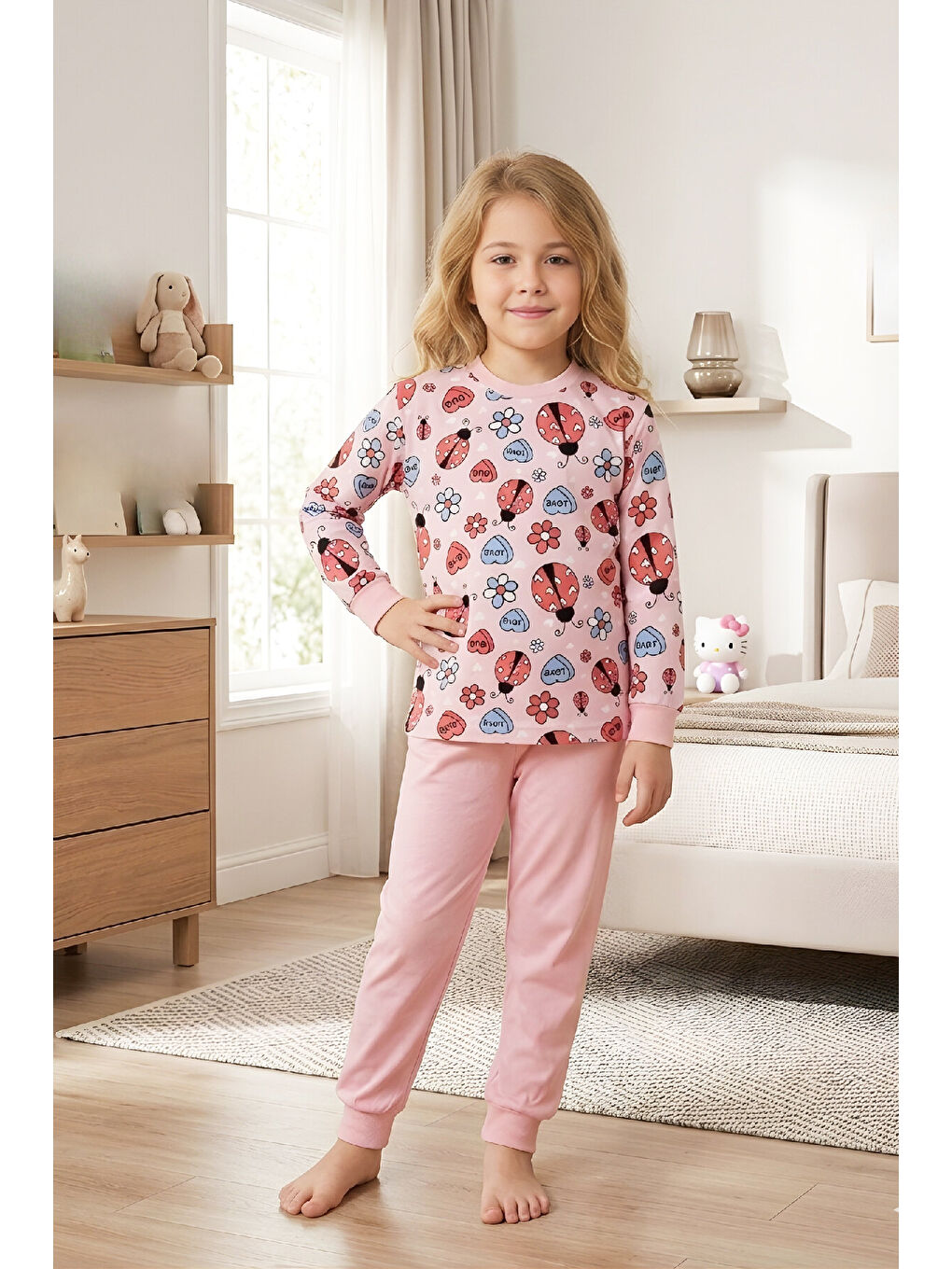 Pembe Kız Çocuk %100 Pamuk Pijama Takımı 4-11 Yaş 12628