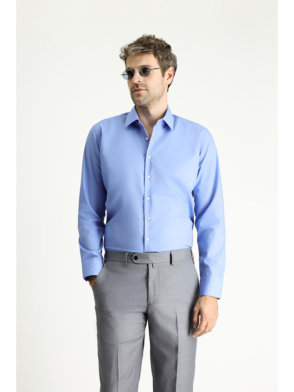 Mavi Uzun Kol Slim Fit Dar Kesim Non Iron Ütü Gerektirmeyen Pamuklu Büyük Beden Gömlek-1