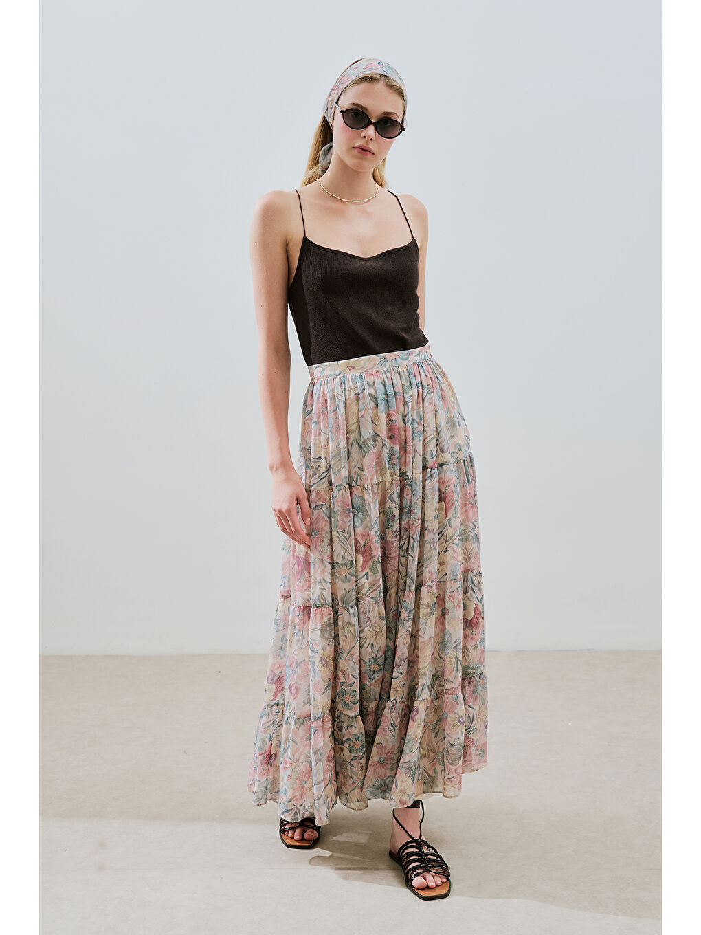 Pembe Uzun Büzgülü Şifon Etek Pastel Floral-1