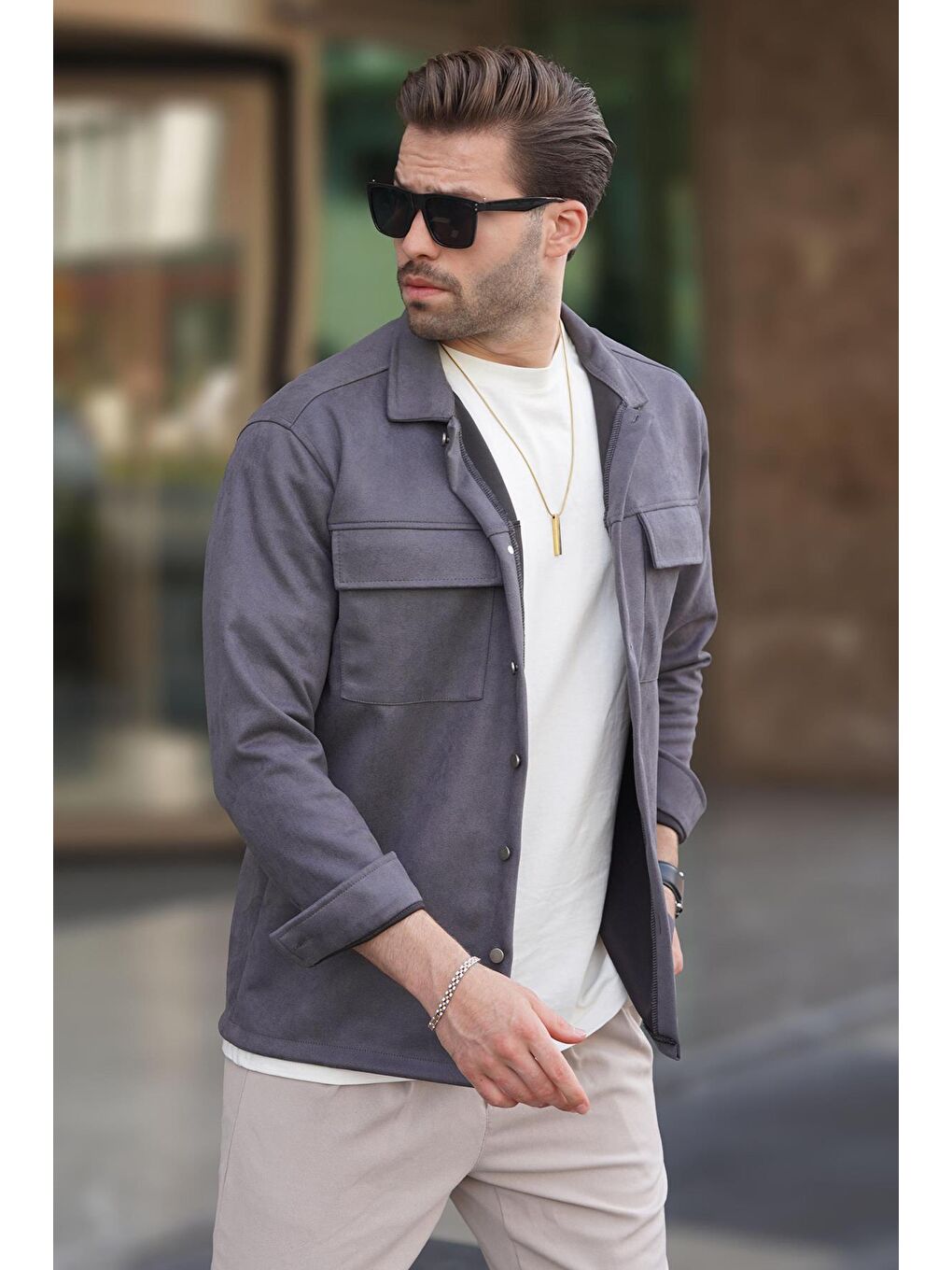 Gri Cep Detaylı Gömlek Yaka Erkek Ceket 6748-6