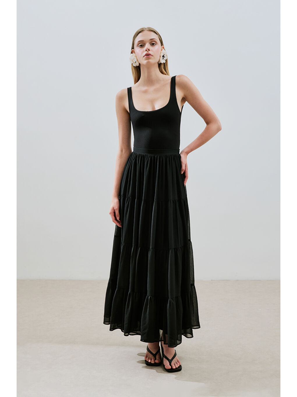 Uzun Büzgülü Şifon Etek Siyah-2