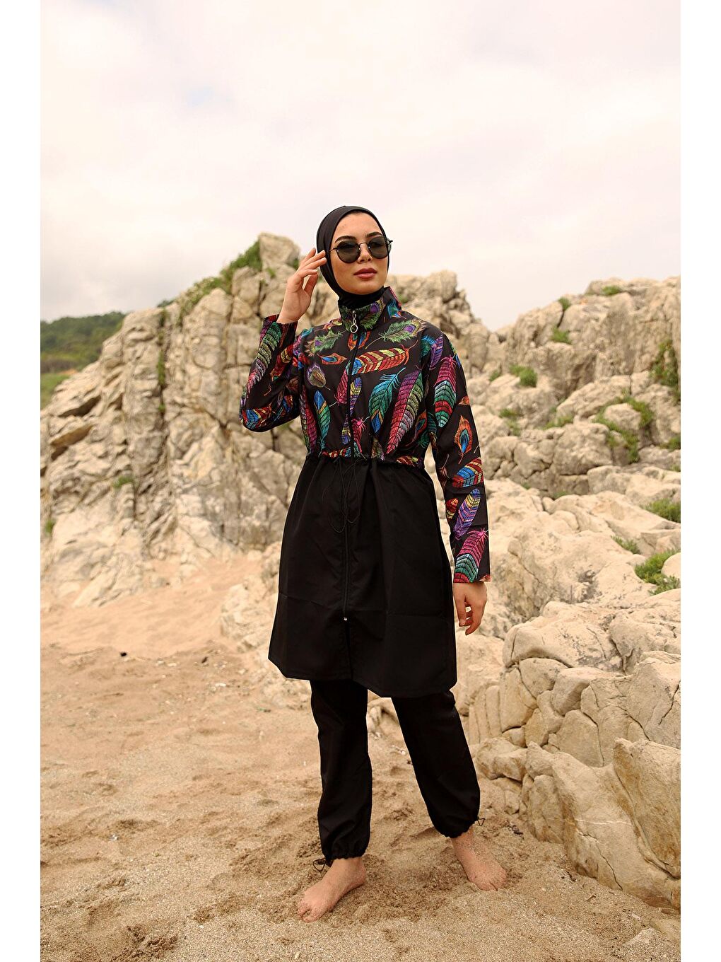 Siyah Paraşüt Tam Kapalı Tesettür Mayo Tüy Yaprak 2113 FUNDA-3