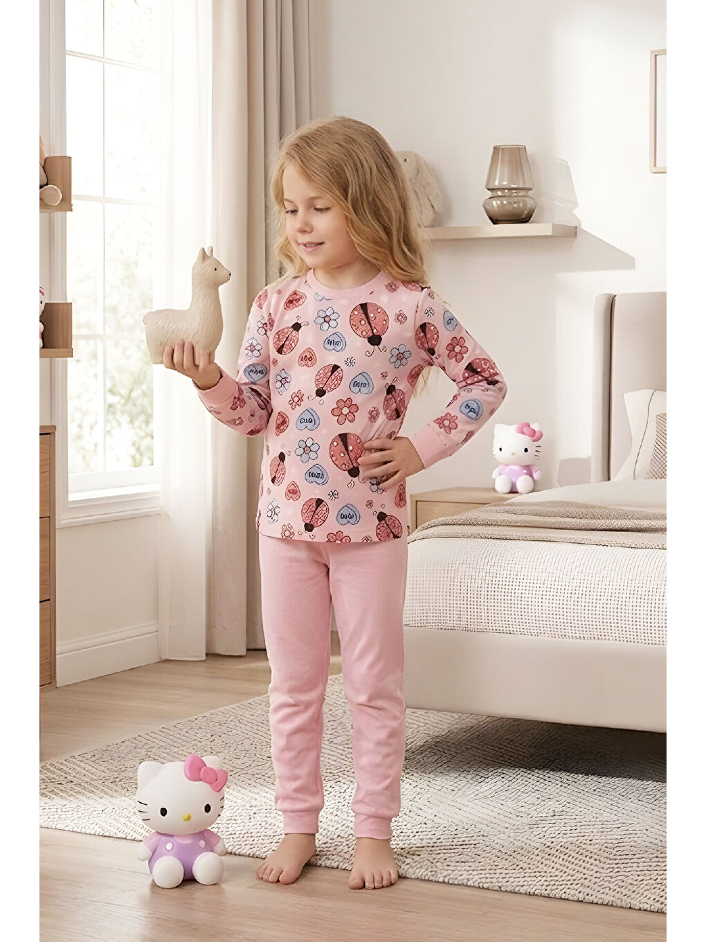Pembe Kız Çocuk %100 Pamuk Pijama Takımı 4-11 Yaş 12628-1
