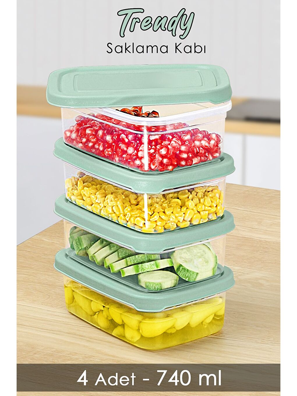 4 Adet Dikdörtgen Erzak Saklama Kabı Mikrodalgaya Uygun Düzenleyici Organizer 740ml Yeşil