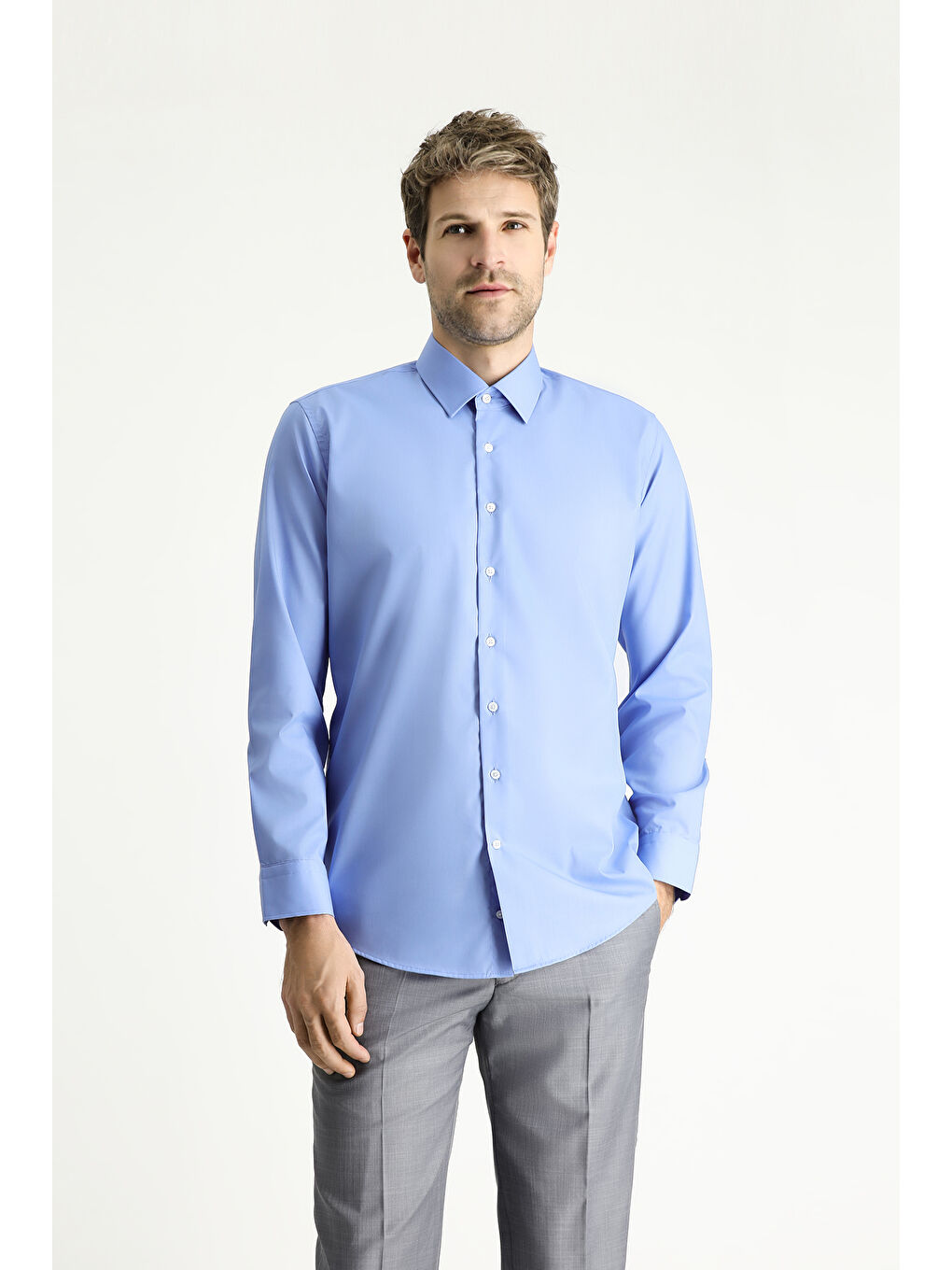 Mavi Uzun Kol Slim Fit Dar Kesim Non Iron Ütü Gerektirmeyen Pamuklu Büyük Beden Gömlek-3