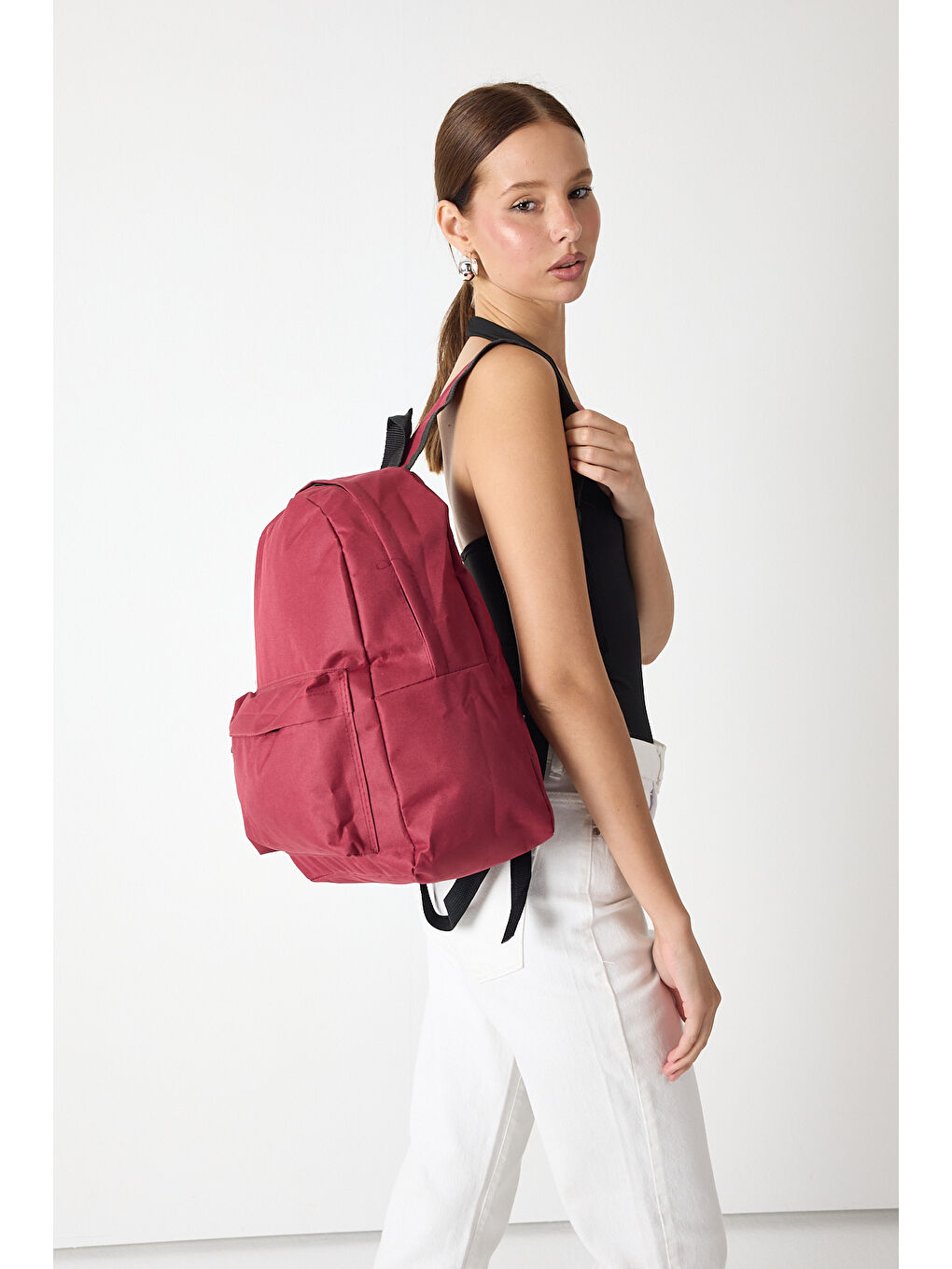 Unisex Bordo Önü Fermuarlı İki Bölmeli Sırt Çantası-4