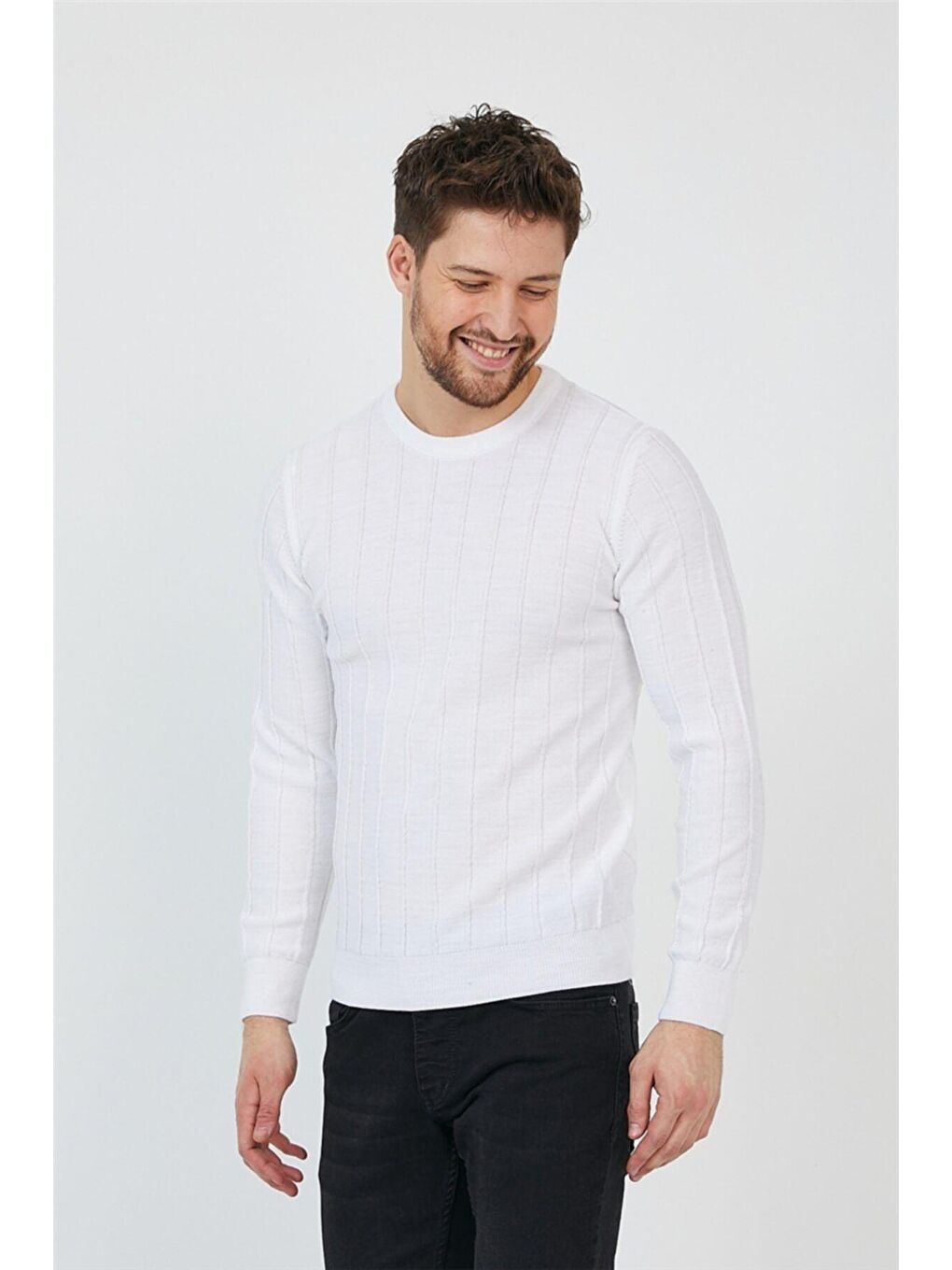 Beyaz Erkek Yuvarlak Yaka Örme Triko-2