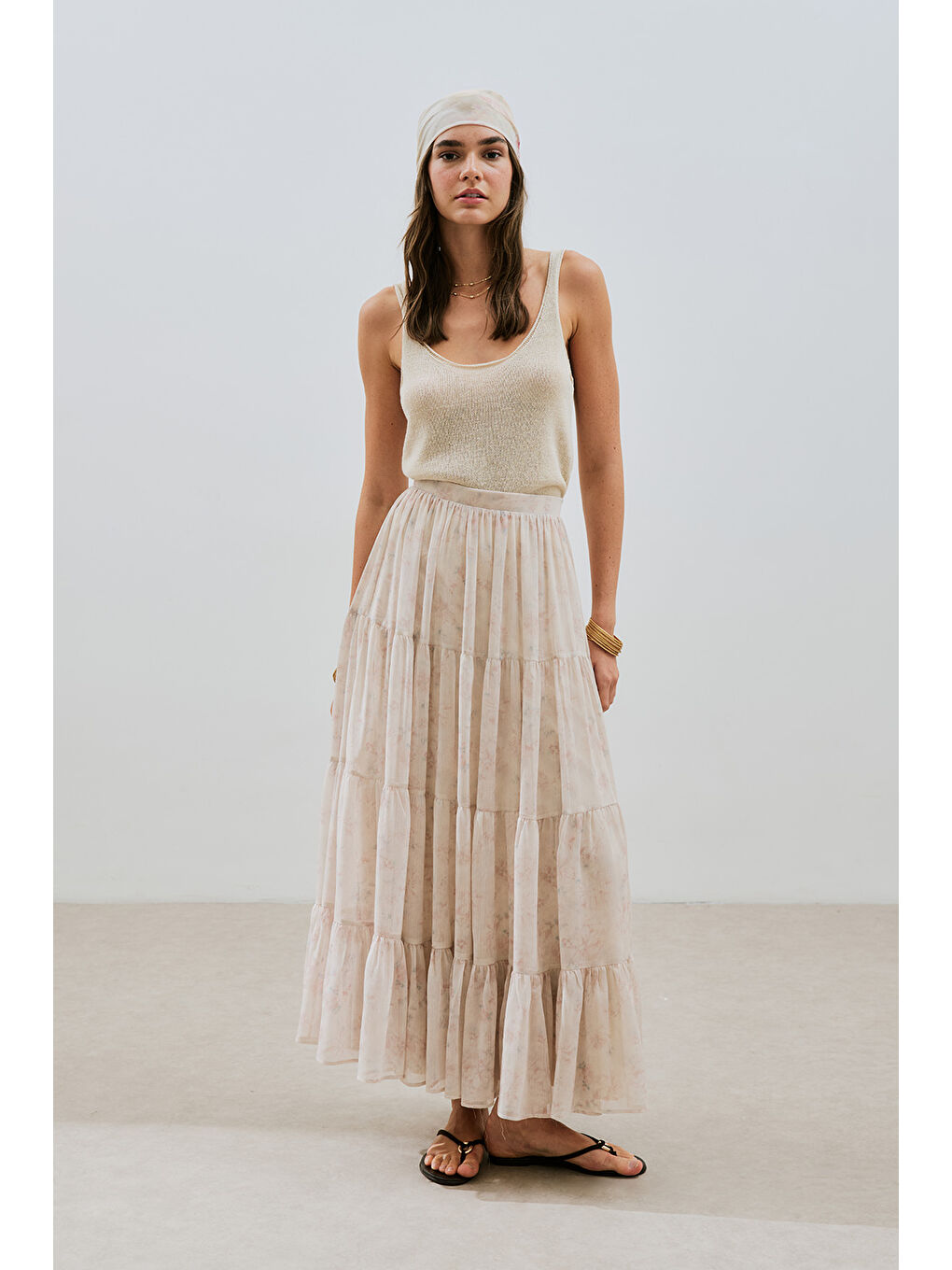 Ekru Uzun Büzgülü Şifon Etek Blush-2