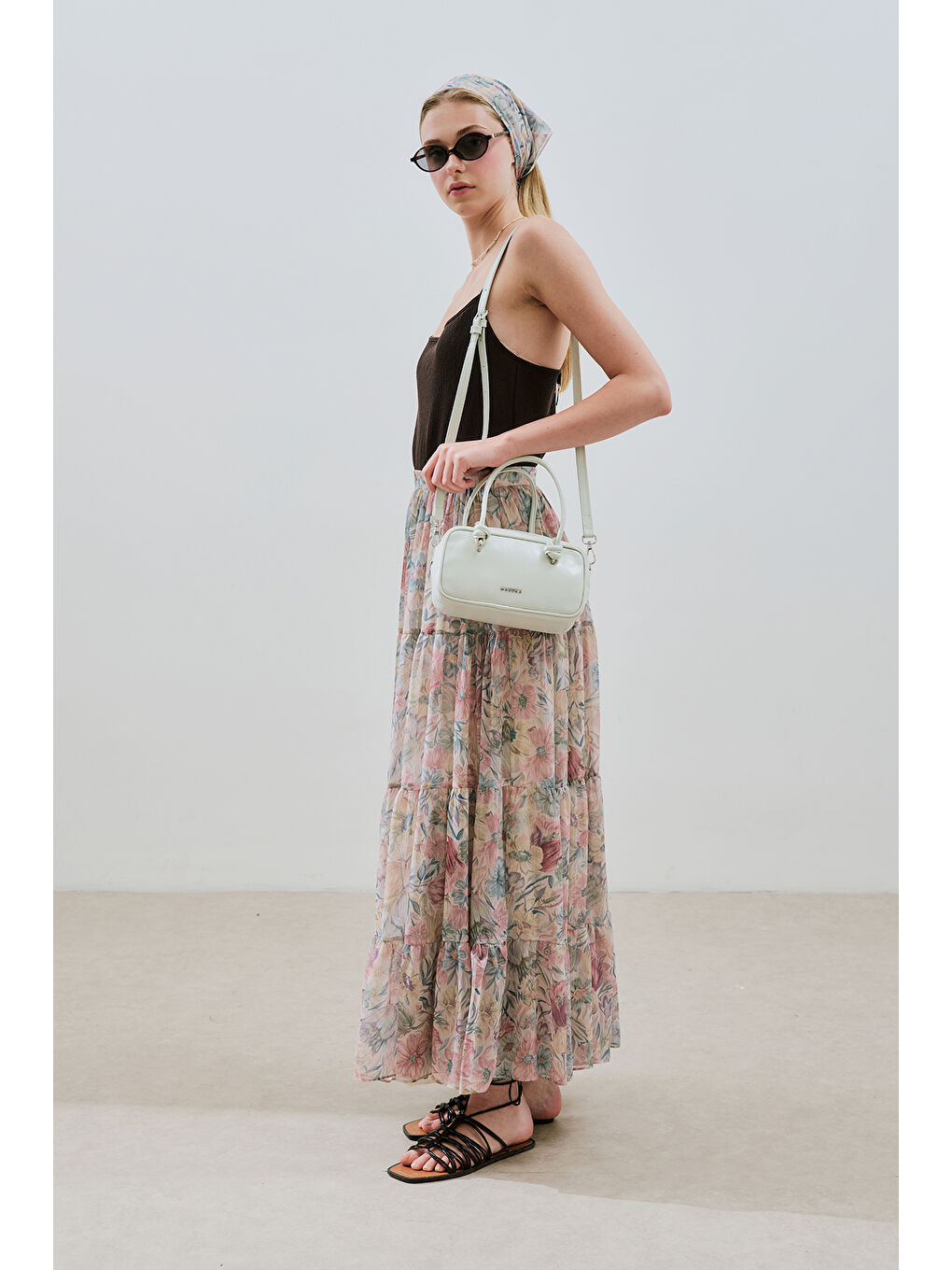 Pembe Uzun Büzgülü Şifon Etek Pastel Floral-2