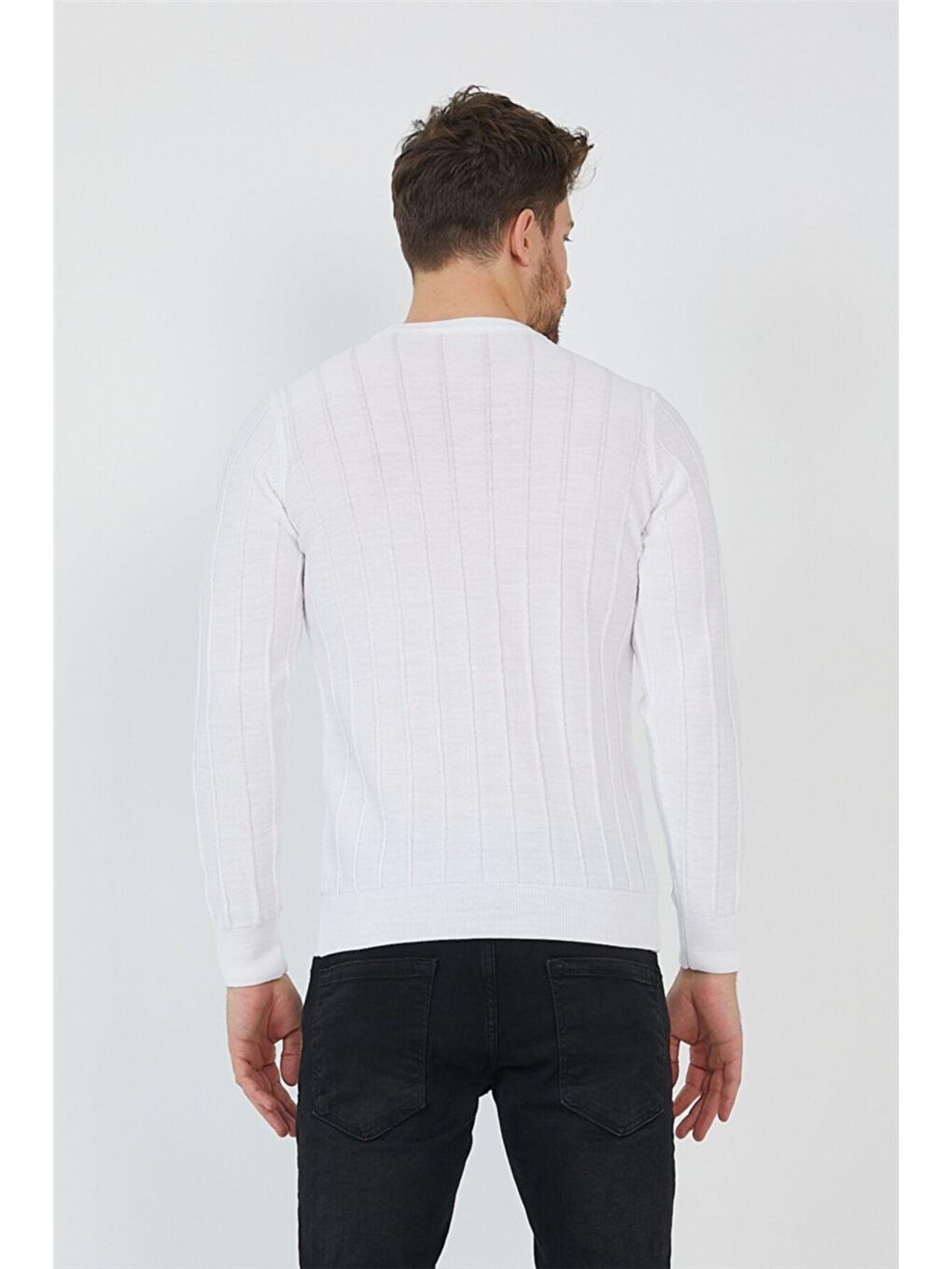Beyaz Erkek Yuvarlak Yaka Örme Triko-3