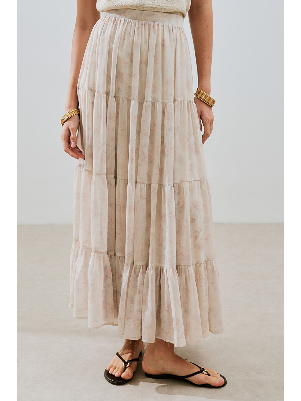 Ekru Uzun Büzgülü Şifon Etek Blush-3