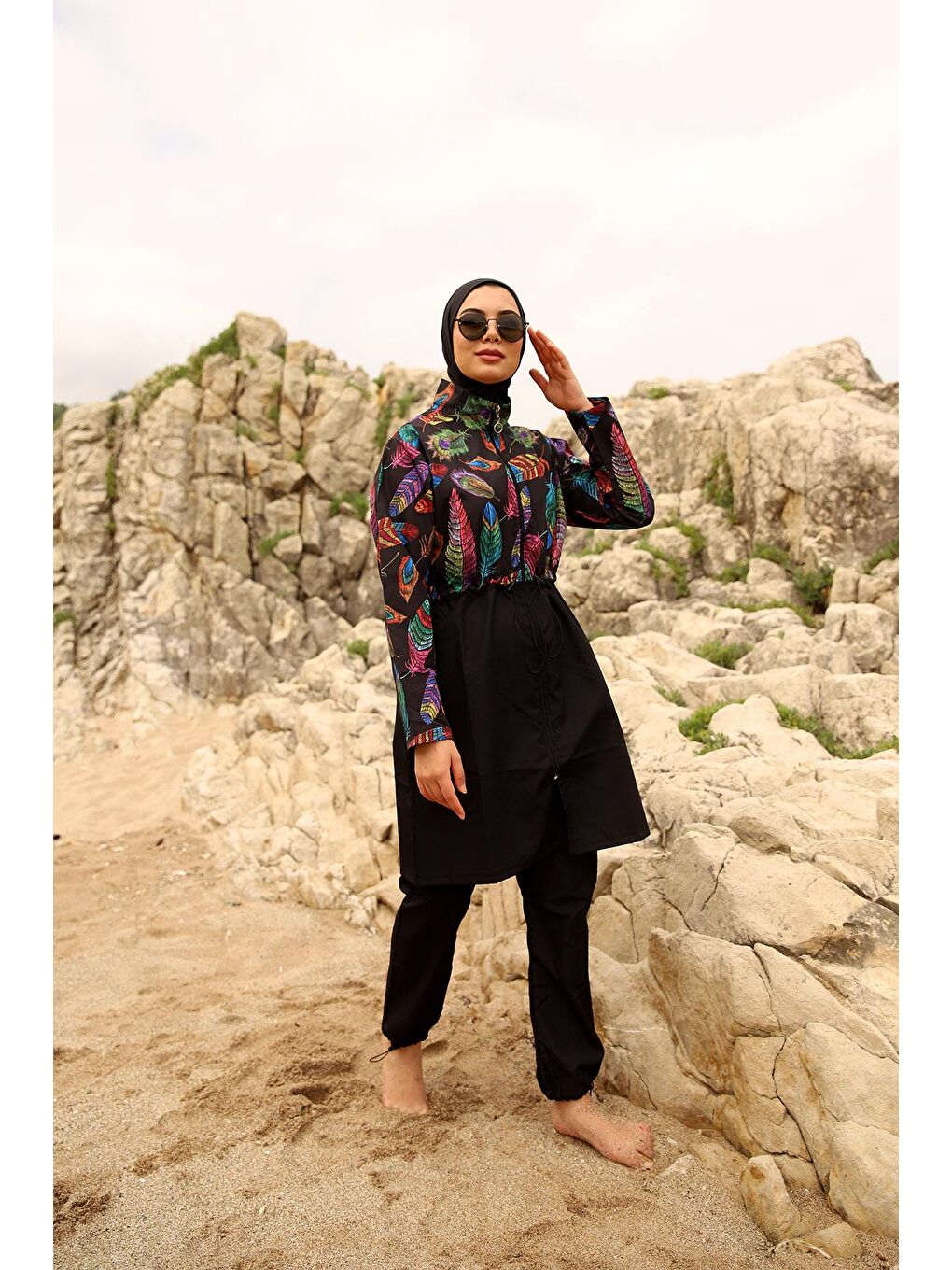 Siyah Paraşüt Tam Kapalı Tesettür Mayo Tüy Yaprak 2113 FUNDA-4