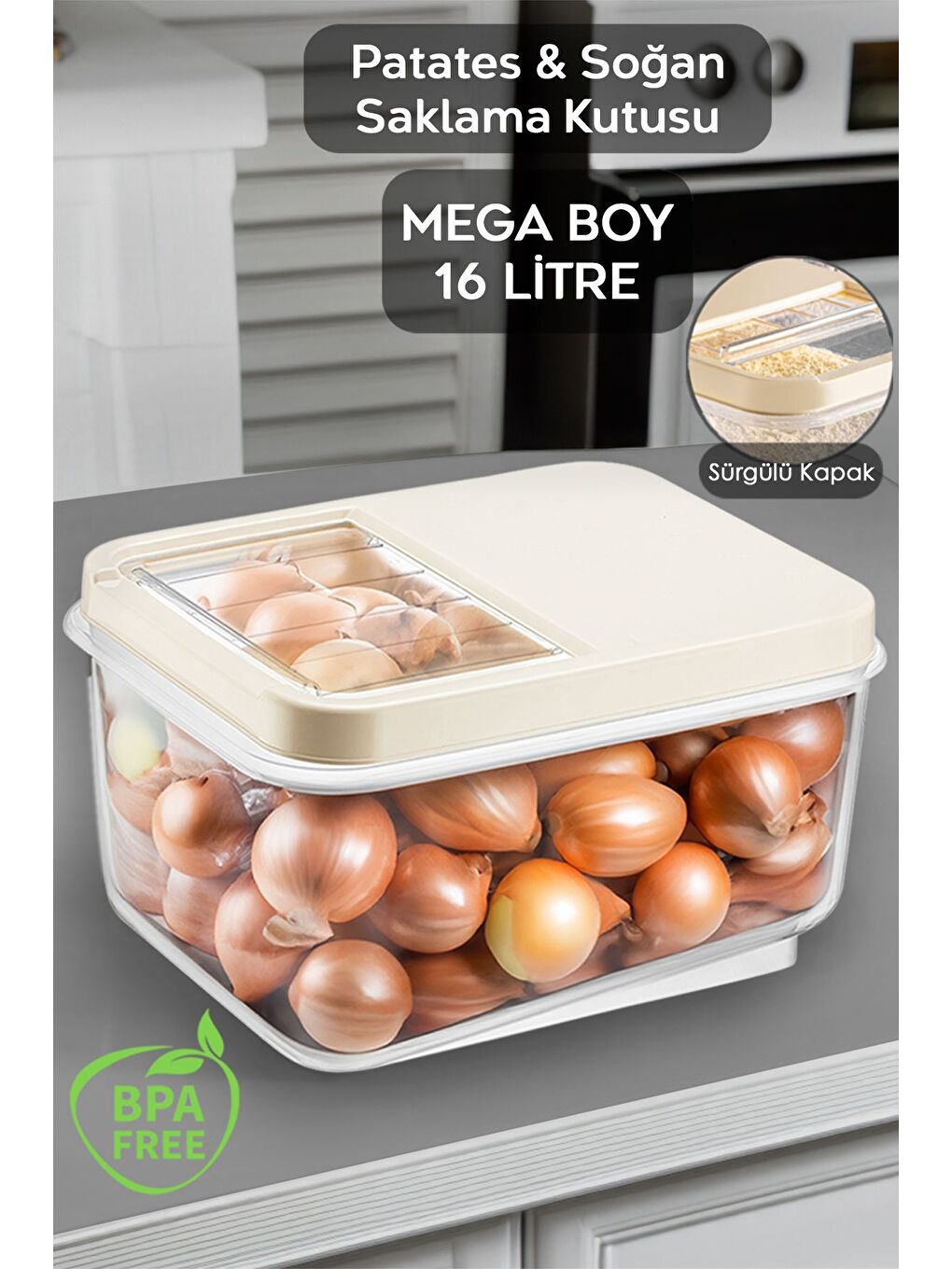Bej 16 Litre Sürgülü Kapak Sebzelik  Patates Soğan Sebze Saklama Kabı  Erzak Saklama Kabıkrem