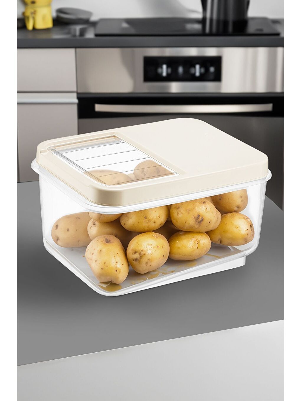 Bej 16 Litre Sürgülü Kapak Sebzelik  Patates Soğan Sebze Saklama Kabı  Erzak Saklama Kabıkrem-1