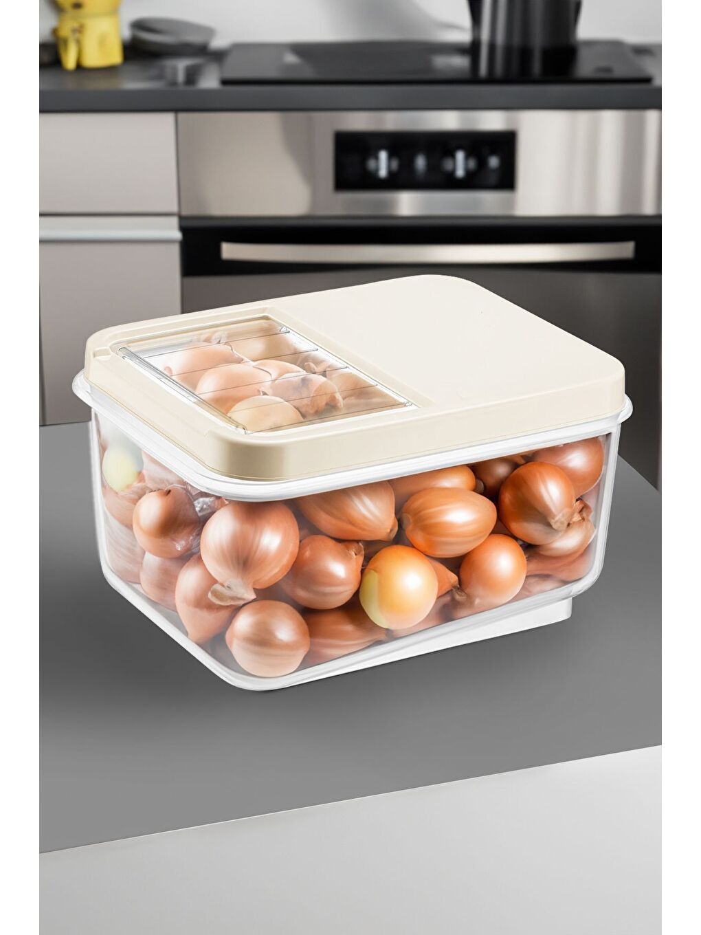 Bej 16 Litre Sürgülü Kapak Sebzelik  Patates Soğan Sebze Saklama Kabı  Erzak Saklama Kabıkrem-2