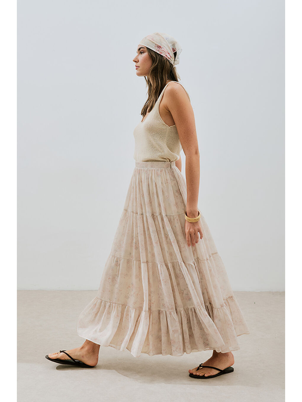 Ekru Uzun Büzgülü Şifon Etek Blush-4