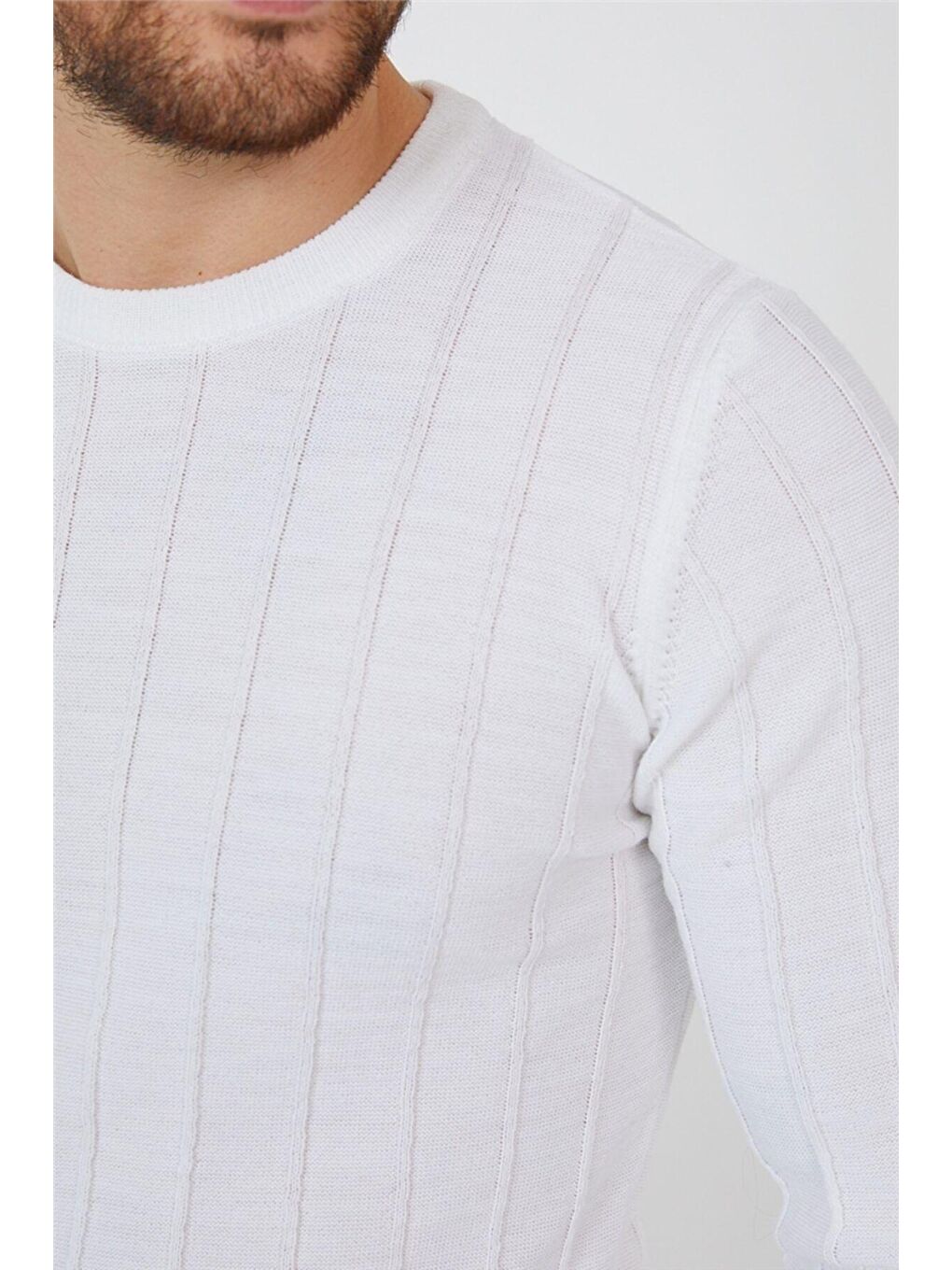 Beyaz Erkek Yuvarlak Yaka Örme Triko-4