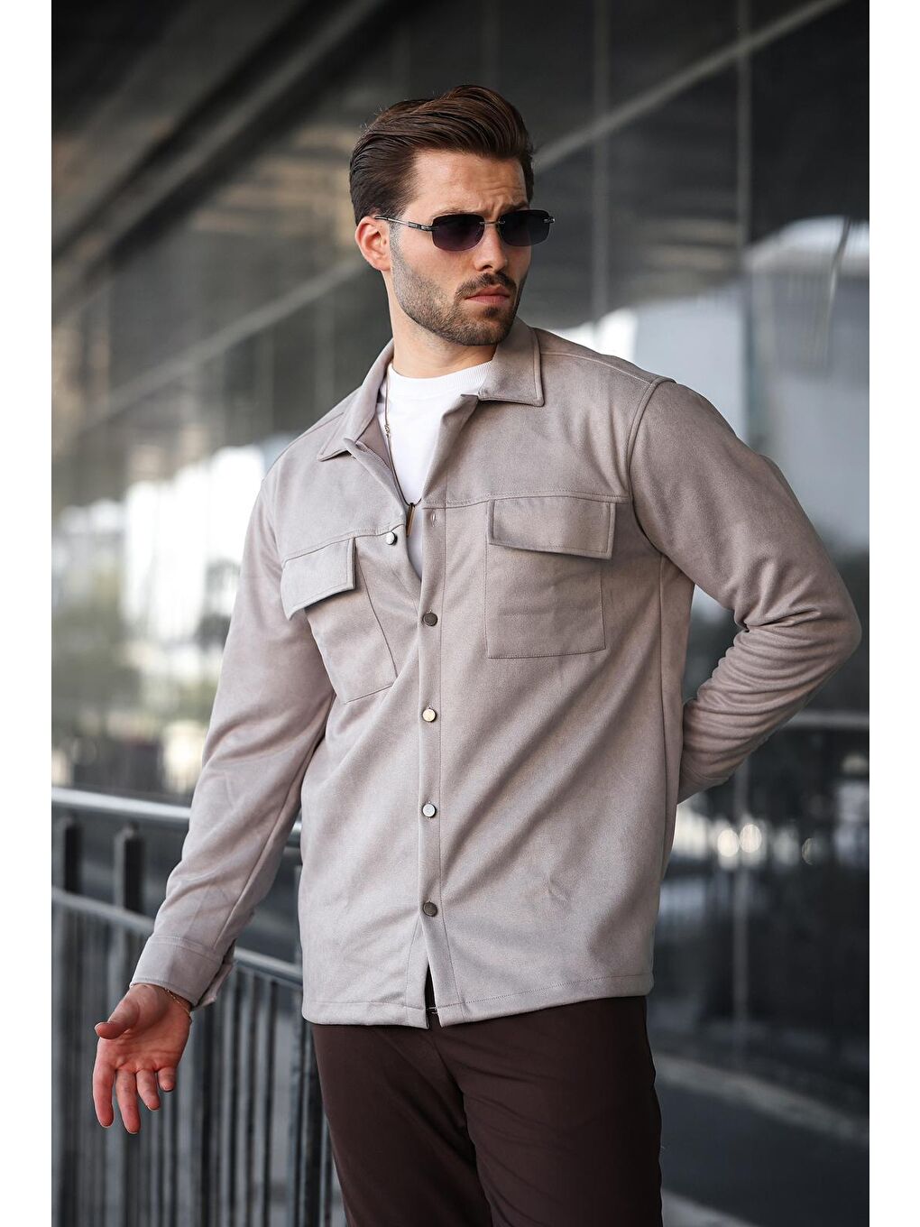 Gri Cep Detaylı Gömlek Yaka Ceket 6748-5