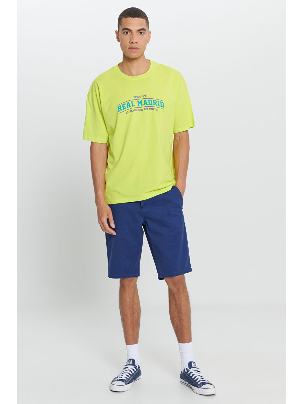 Erkek Sarı Real Madrid Lisanslı Oversize Fit Bol Kesim %100 Pamuk Bisiklet Yaka Tişört-1
