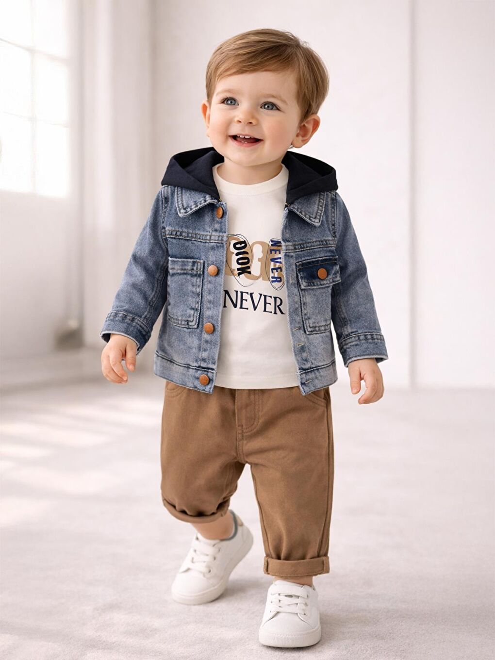 Jean Kapüşonlu Ceketli 3'lü 6-18 Ay Takım - Lacivert 6-9 Ay