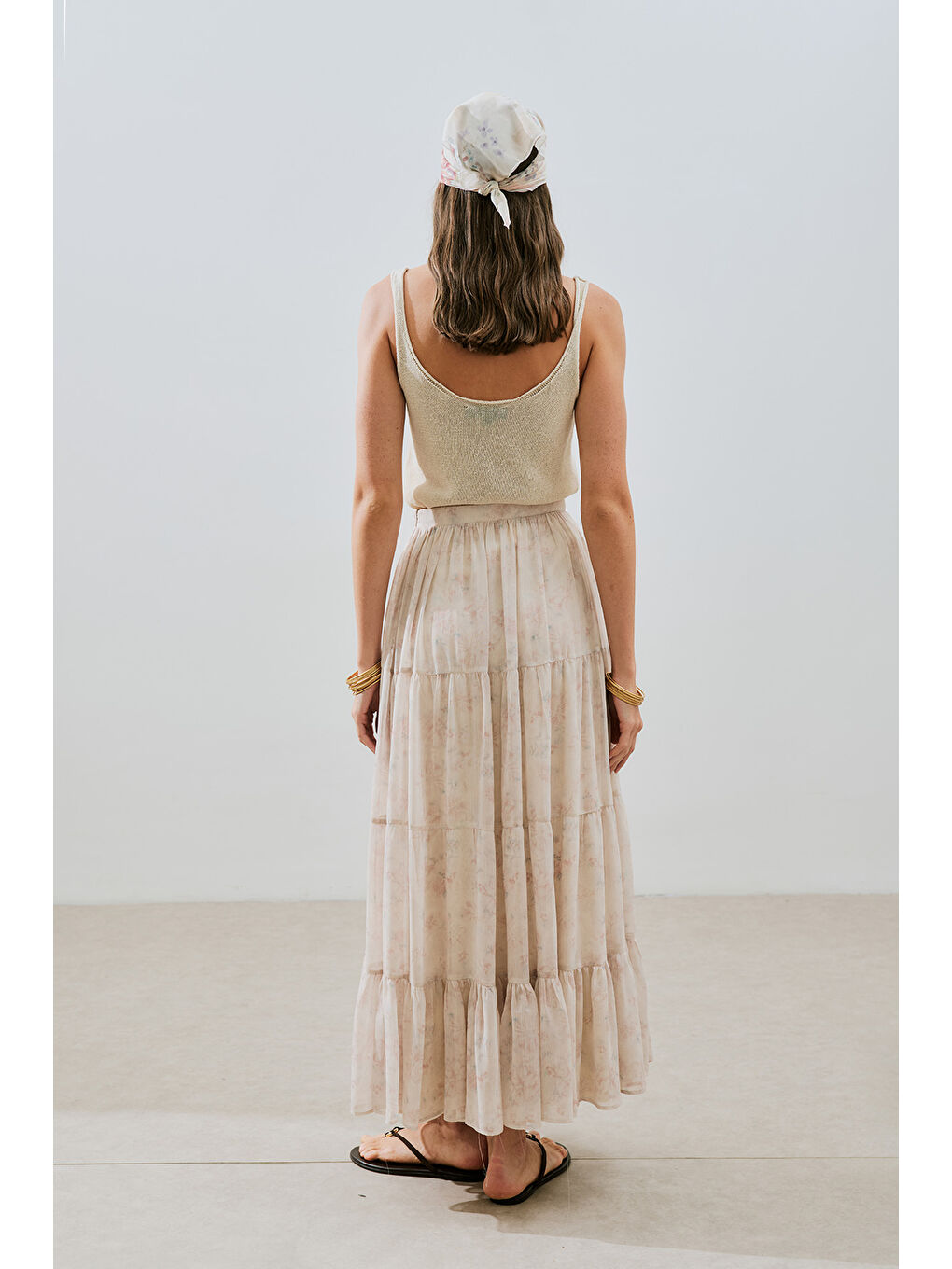 Ekru Uzun Büzgülü Şifon Etek Blush-5