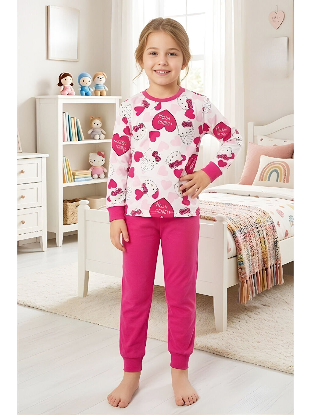 Fuşya Kız Çocuk %100 Pamuk Pijama Takımı 4-11 Yaş 12628-1