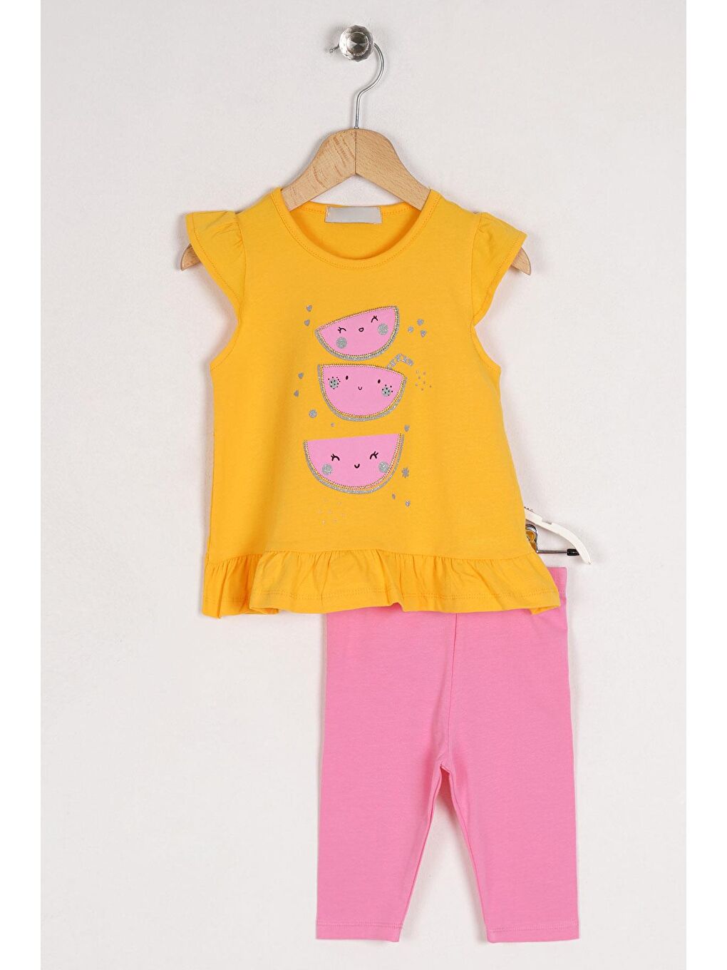 Sarı Bisiklet Yaka Karpuz Baskılı Eteği Fırfırlı Kız Çocuk Taytlı Takım