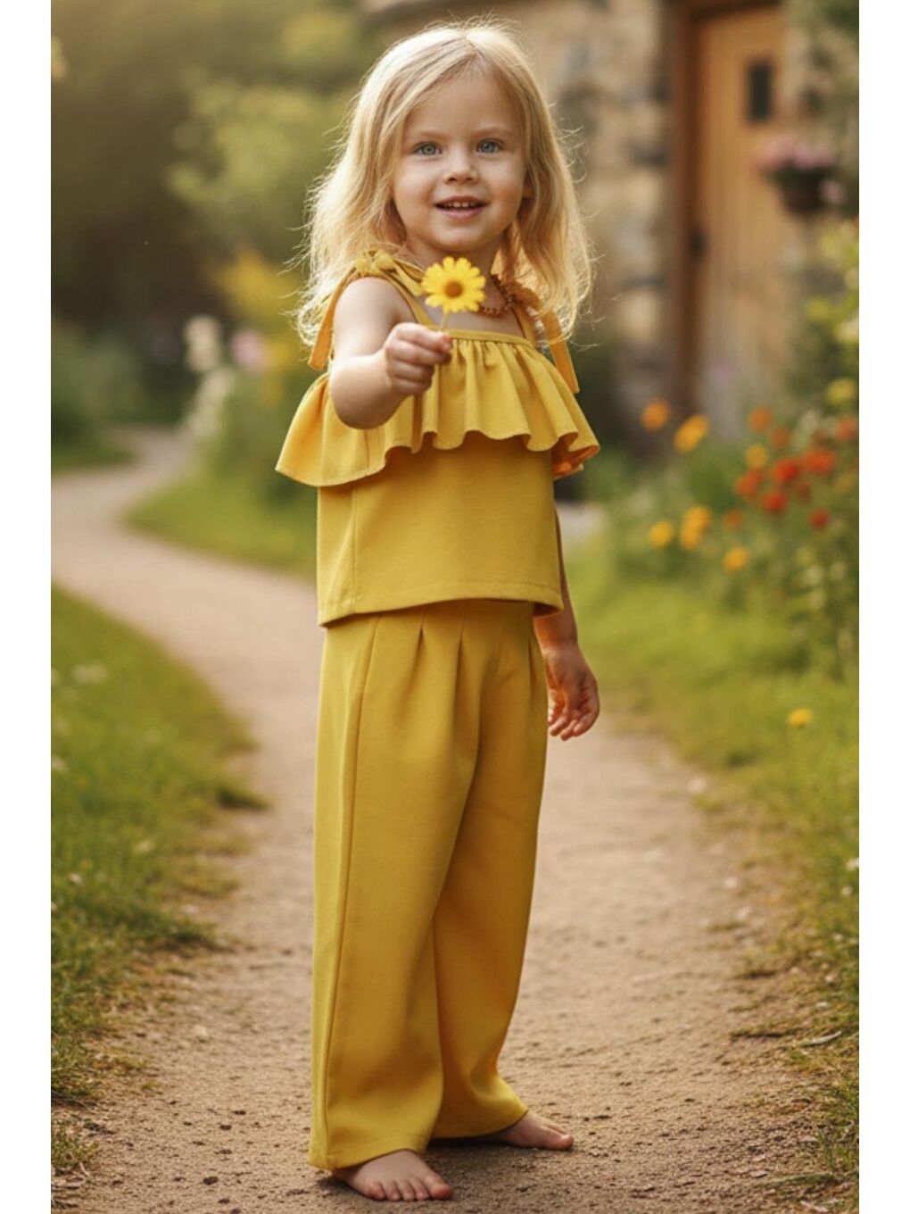 Kız Bebek Ruffle Sarı Fırfırlı Bluz Pantolon Alt Üst Takım