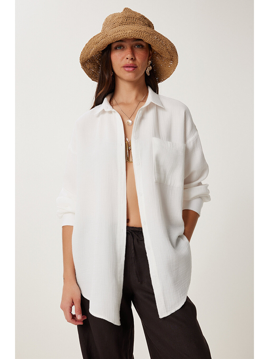 Ekru Oversize Basic Müslin Gömlek EKRU LMX0002-1