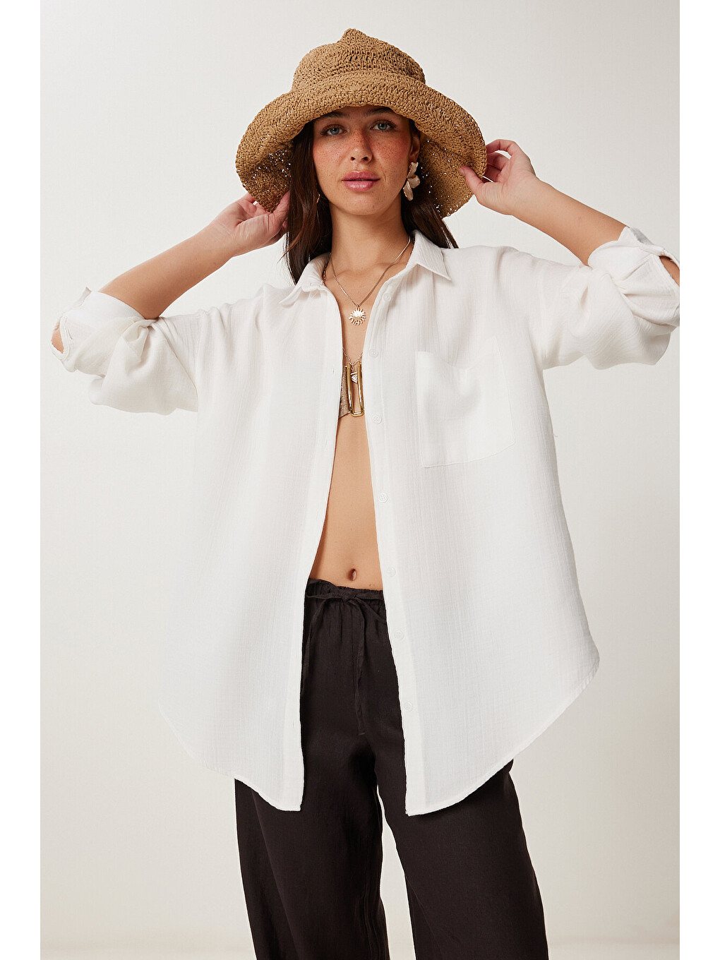 Ekru Oversize Basic Müslin Gömlek EKRU LMX0002-2