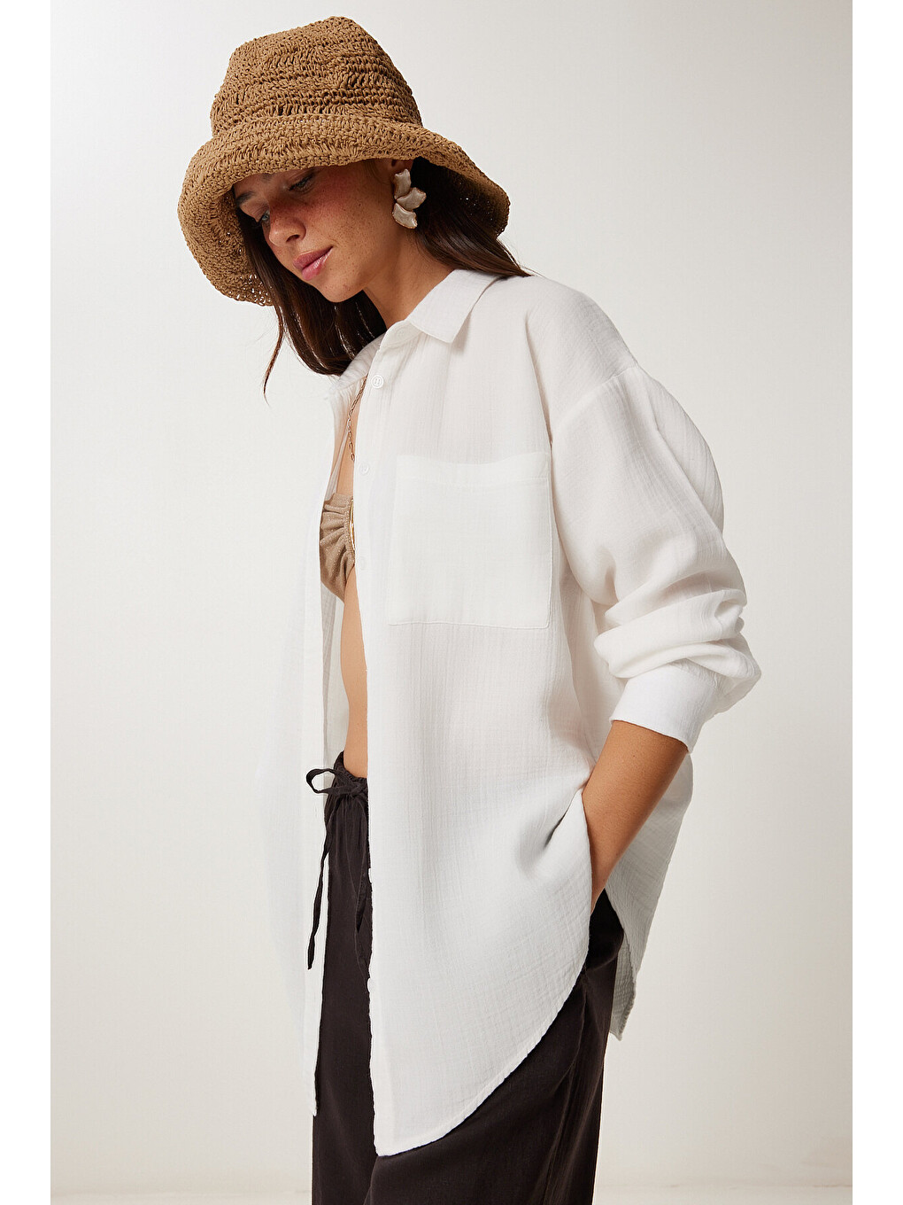 Ekru Oversize Basic Müslin Gömlek EKRU LMX0002-3