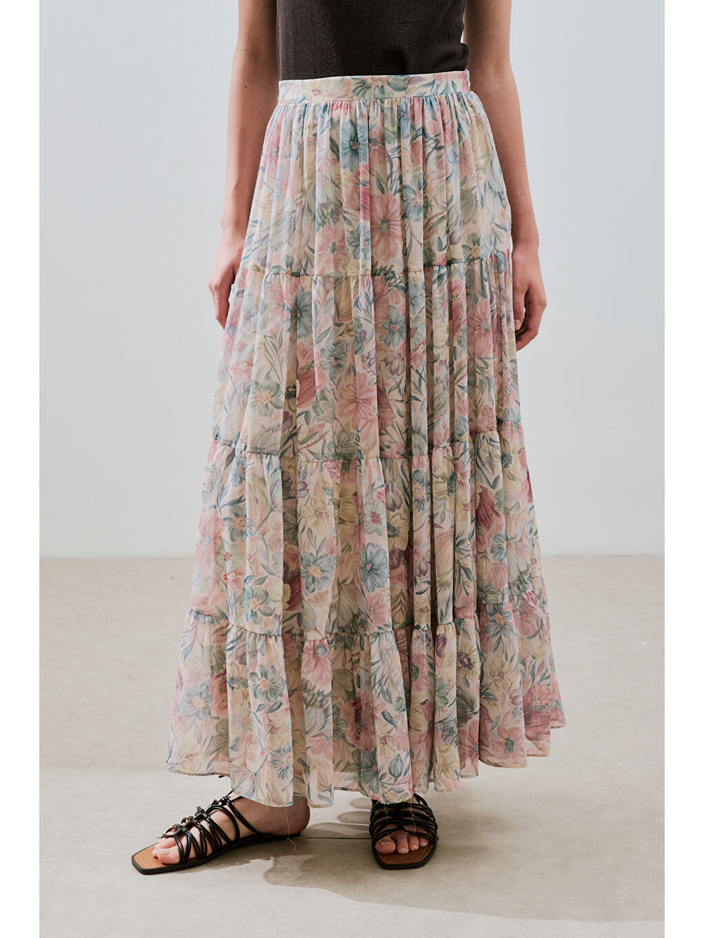 Pembe Uzun Büzgülü Şifon Etek Pastel Floral-4